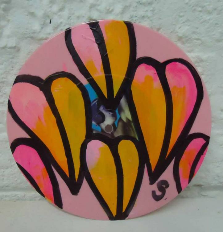 Jan 18th 2014 - New layers... Acrylic, spray paint, marker pen on a found (in the street) 7" pink vinyl record