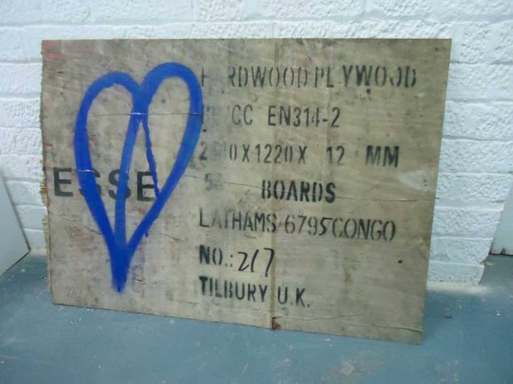 26th Jan - Today's blank canvas, a nice big piece of wooded packing case found lying in Vyner Street and now tagged and waiting for attention..