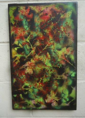 "Musical Box Part 1"  Acrylic, spray paint, screen print on recycled linen canvas , 55cm x 40cm (March 2015)