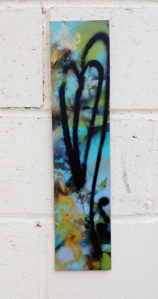 "Growth on a Floorboard" Jan 1st 2017. Fresh leaf growth on a found unwanted hardwood floorboard. (Acrylic, spray paint on recycled hardwood, 53cmx12cm)