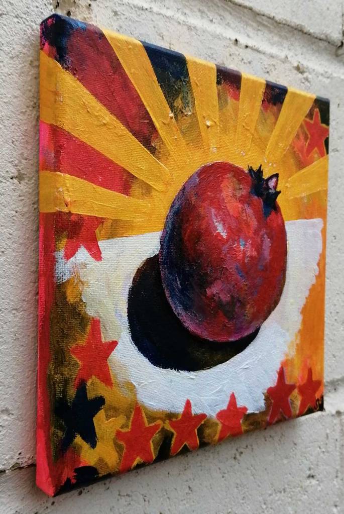 "Just Another East London Pomegranate" (October 2020) - Acrylic on canvas, 20cm x 20cm x 1cm